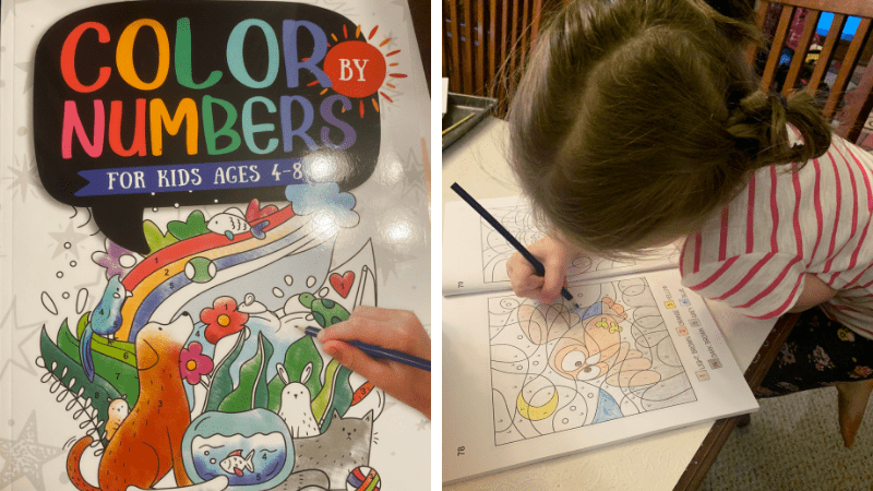 Split image with Color By Numbers book cover with child's hand coloring coloring scene with animals and girl doing color by number activity page using a colored pencil