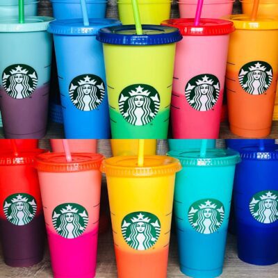 Brightly colored Starbucks Cold Cups that change color with temperature