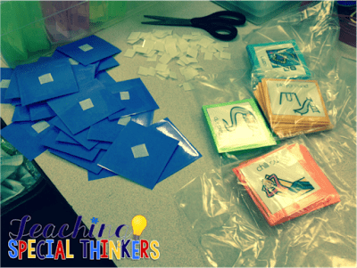 student task cards organized by color and stored in plastic bags