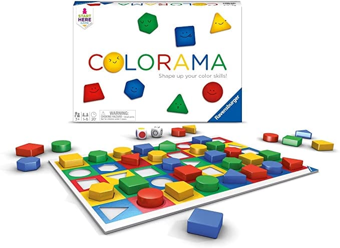 Box and sample game board for Colorama game showing multicolored squares and shape pieces- best board games for preschoolers