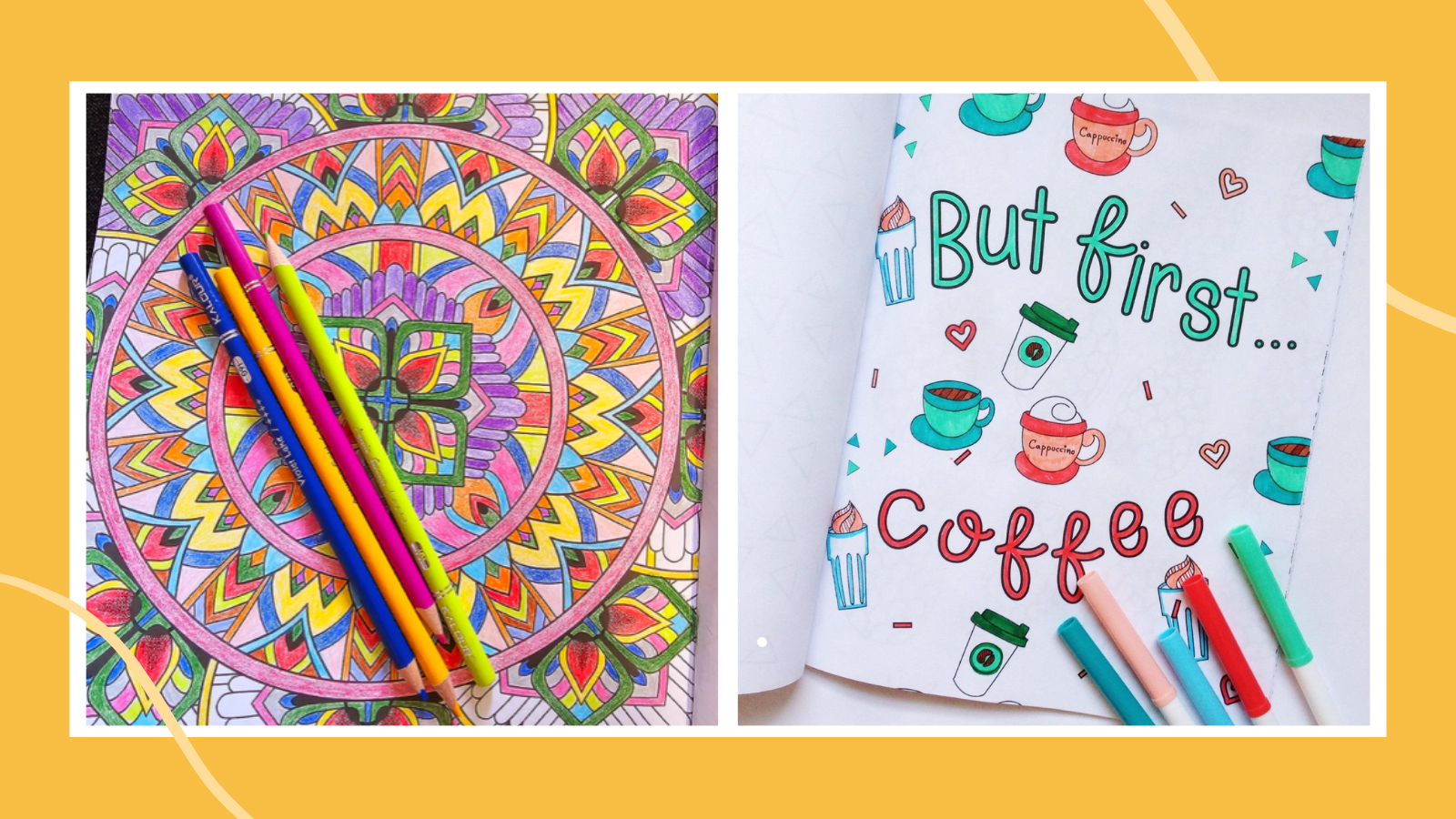 Adult coloring book pages with colored pencils.