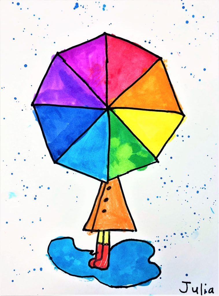 A drawing shows a girl holding an umbrella that is divided into sections with each one a different color.