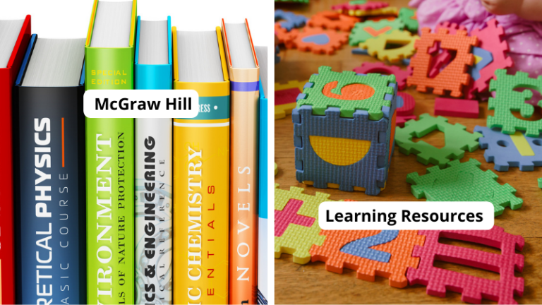 Examples of companies that hire teachers including McGraw Hill with textbooks and Learning Resources with alphabet and number blocks.
