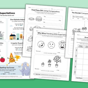 Comparative and superlative worksheet and activity bundle pages for elementary grammar instruction