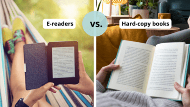 Compare and contrast essay example that shows a person reading an eReader on a hammock and a person reading a hardcopy book on a sofa.
