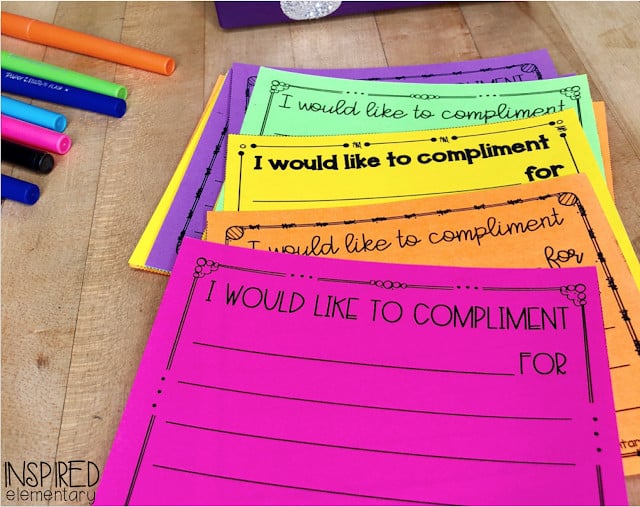 A colorful array of cards that students can use to pay compliments to classmates as an example of school spirit ideas