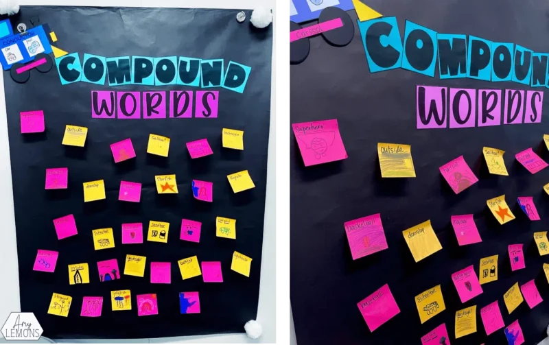 sticky notes each with their own word on an anchor chart of compound words
