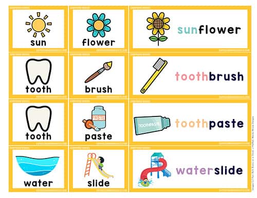 breaking apart the words sunflower, toothbrush, toothpaste, and waterslide into their smaller words