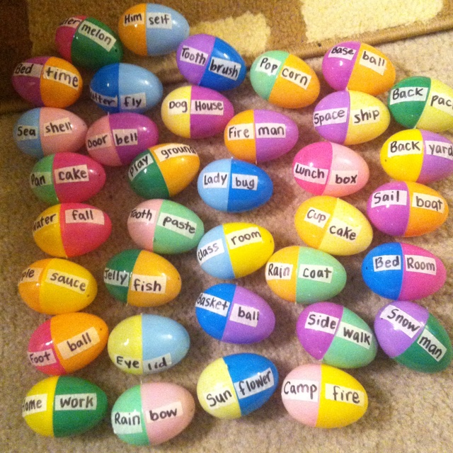 compound words written on plastic eggs for a plastic egg activity 
