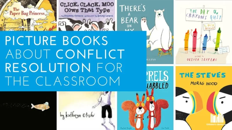 A collage of books about conflict resolution for kids