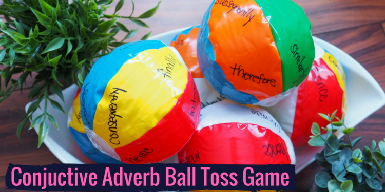 colorful beach balls with conjuctive adverbs written on each section with marker for students to play grammar games