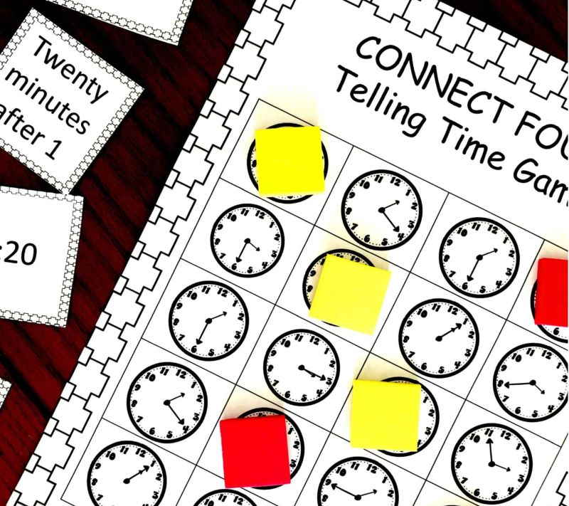 Printable Connect Four Telling Time Game worksheet, showing rows of clock faces with different times, and cards showing different times. Some squares are covered with colored chips.