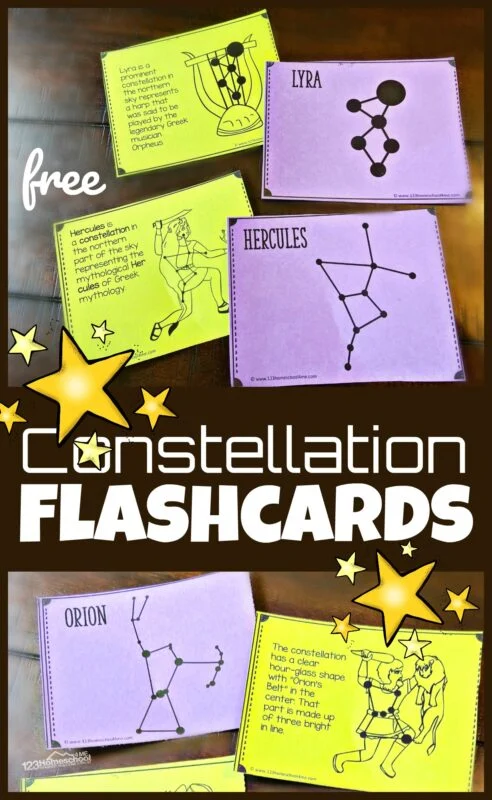 Flashcards in purple and neon yellow are shown with constellations drawn on them. (solar system projects)