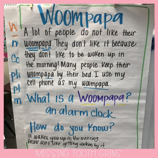 Anchor chart for the nonsense word Woompapa