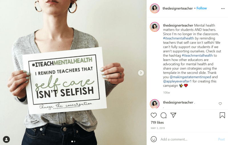 Still of conversation about mental health because self care isn't selfish from Instagram