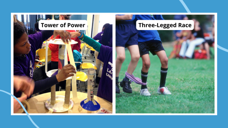 Examples of cooperative games for kids including two kids running a three-legged race and two students building a Tower of Power out of recycled materials.
