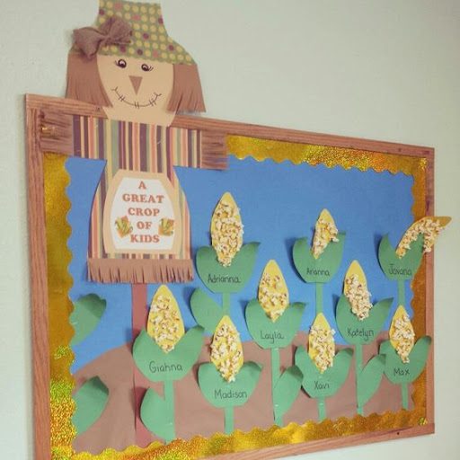 Bulletin board with corn decals on it