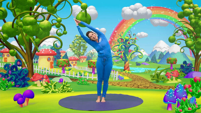 a woman stretching in  front of a scene of a rainbow