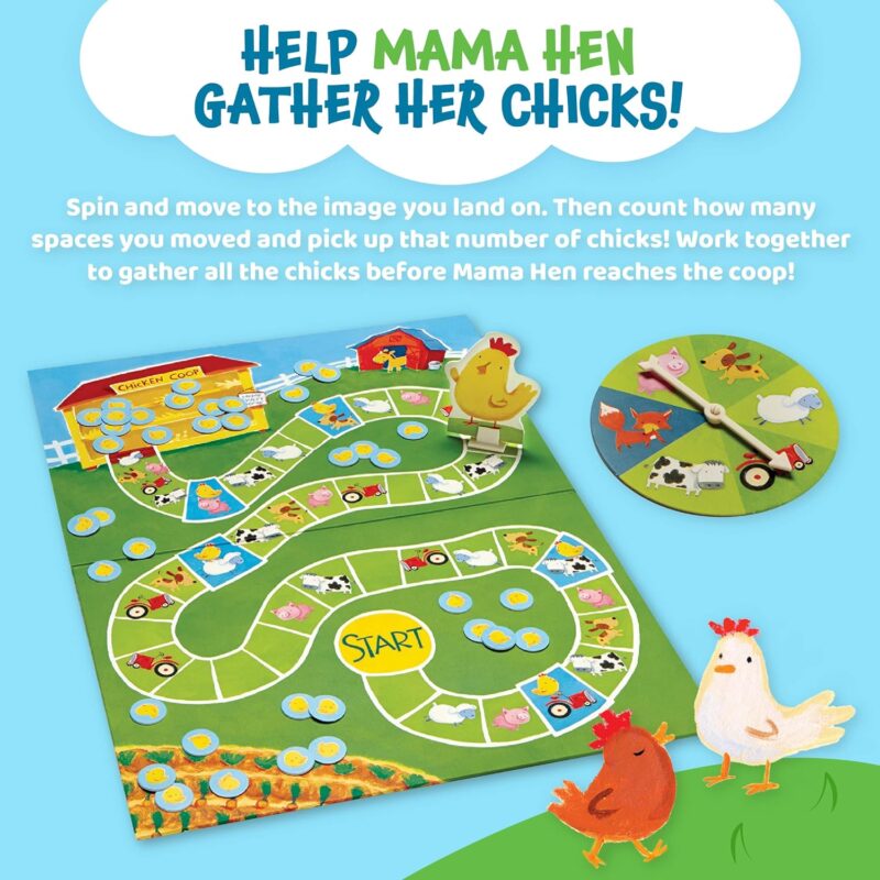 best board games for preschoolers include this game that shows a winding road on a board game with a cartoon chicken. Text reads Help Mama Hen Gather Her Chicks.