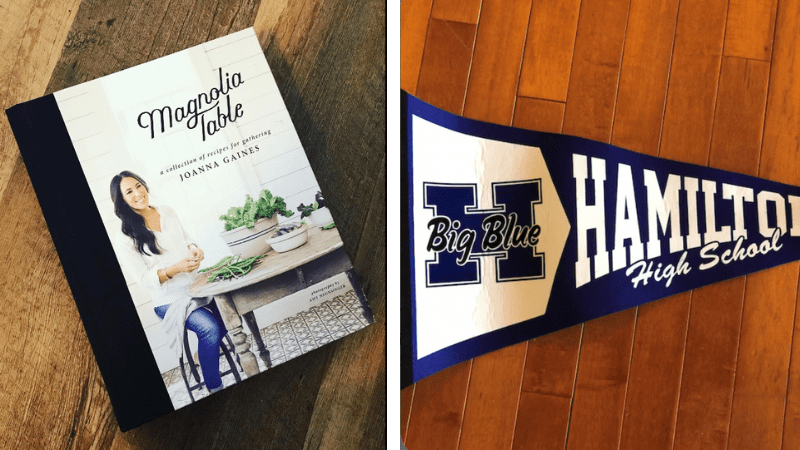 Examples of gifts for a coworker including Magnolia Table cookbook and Hamilton High School pennant.