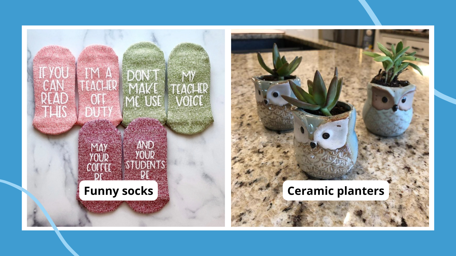 socks and ceramic planters for coworker gift ideas