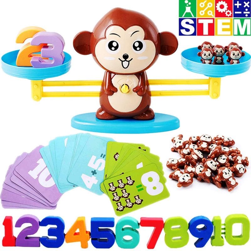 Monkey-themed balancing scale with number blocks and other accessories
