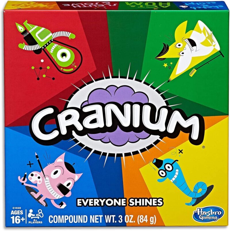 A box is divided into 4 sections of primary colors. It says Cranium on it with a brain in the background.