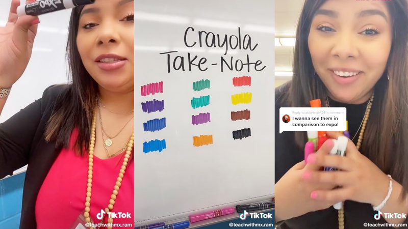 Collage of a teacher's TikTok showing Crayola Take Note dry erase markers