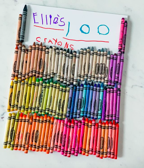 100th Day of school ideas: a piece of paper with 100 crayons on it