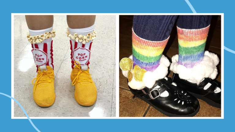 Collage of crazy sock day ideas, including popcorn socks and pot of gold rainbow socks
