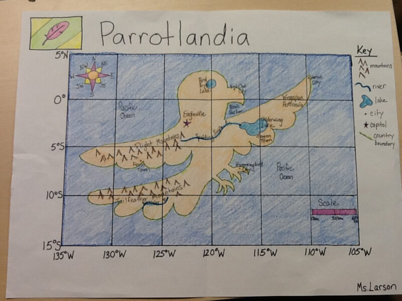 student created map of their own made up country, for teaching the five themes of geography 