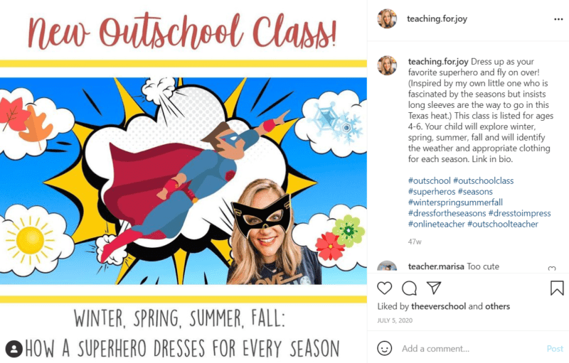 Teacher wearing superhero costume teaching Outschool lesson on weather