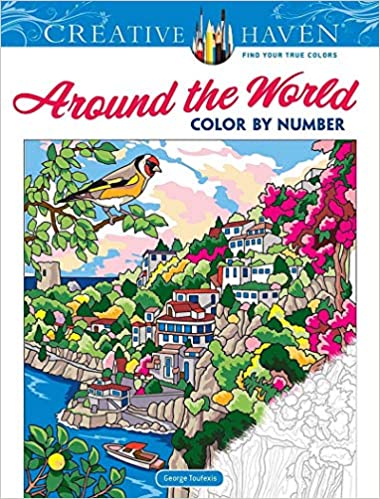 15. Book cover: Creative Haven Around the World Color by Number. A village by a sea is pictured with three quarters of the image colored brightly and a third of it still uncolored. Tiny blue letters read, “find your true colors.” 