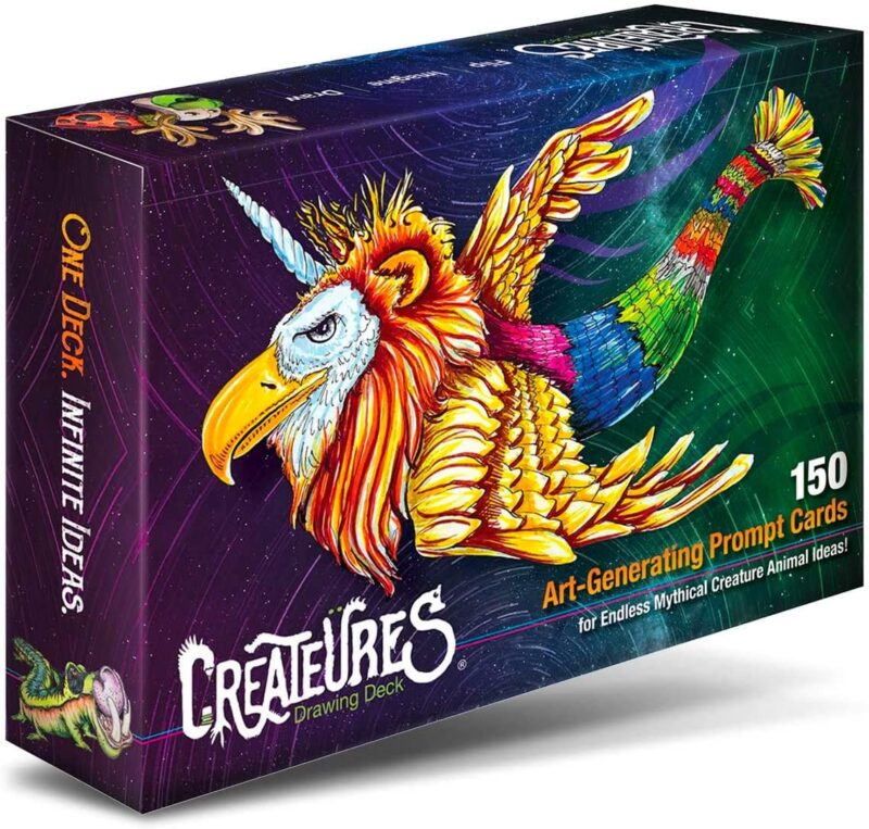 A purple game box has a mythical creature on the front that looks like a mashup of a dragon, unicorn, and eagle.