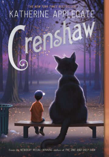 Book cover of Crenshaw by Katherine Applegate with illustration of boy and giant sitting on park bench at night