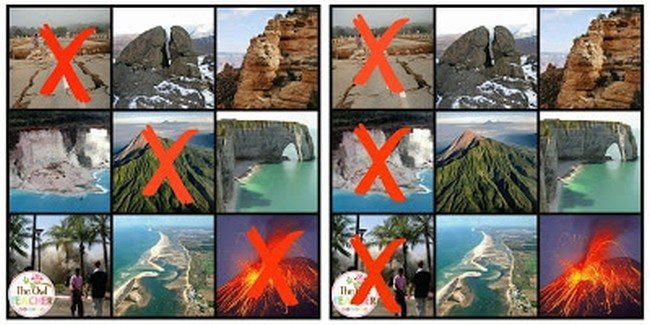 Two 3 by 3 grids of pictures showing mountains, islands, and other landforms, with Xs drawn in each grid to form tic-tac-toe lines.
