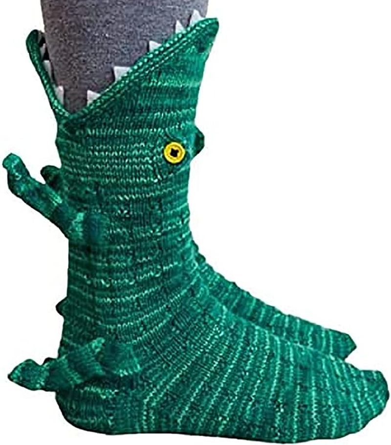 Knit socks that look like an open alligator mouth eating a foot