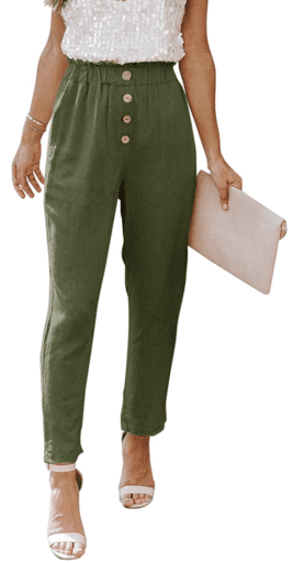 Army green cropped button pants with paper bag waist