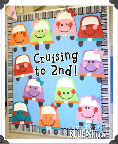 Cute little cars decorate a bulletin board that says Cruising to 2nd. 