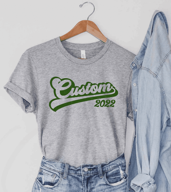 Grey shirt with words Custom 2022 in green font