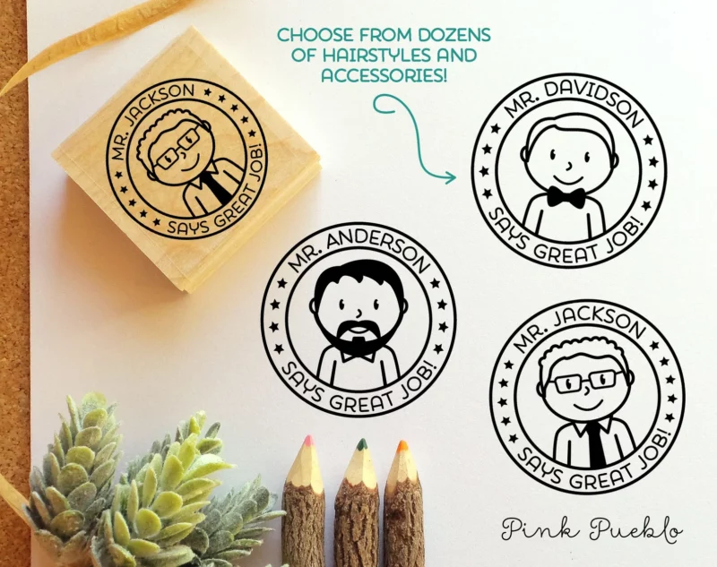 Custom rubber stamps that are customized to look like the real teacher.