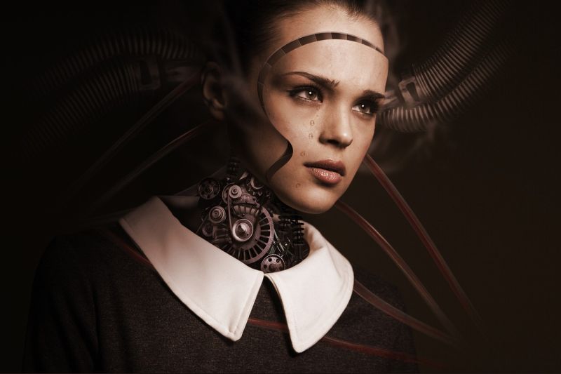 An altered image showing a young girl in a black dress with a white collar, with a neck made of mechanical gears