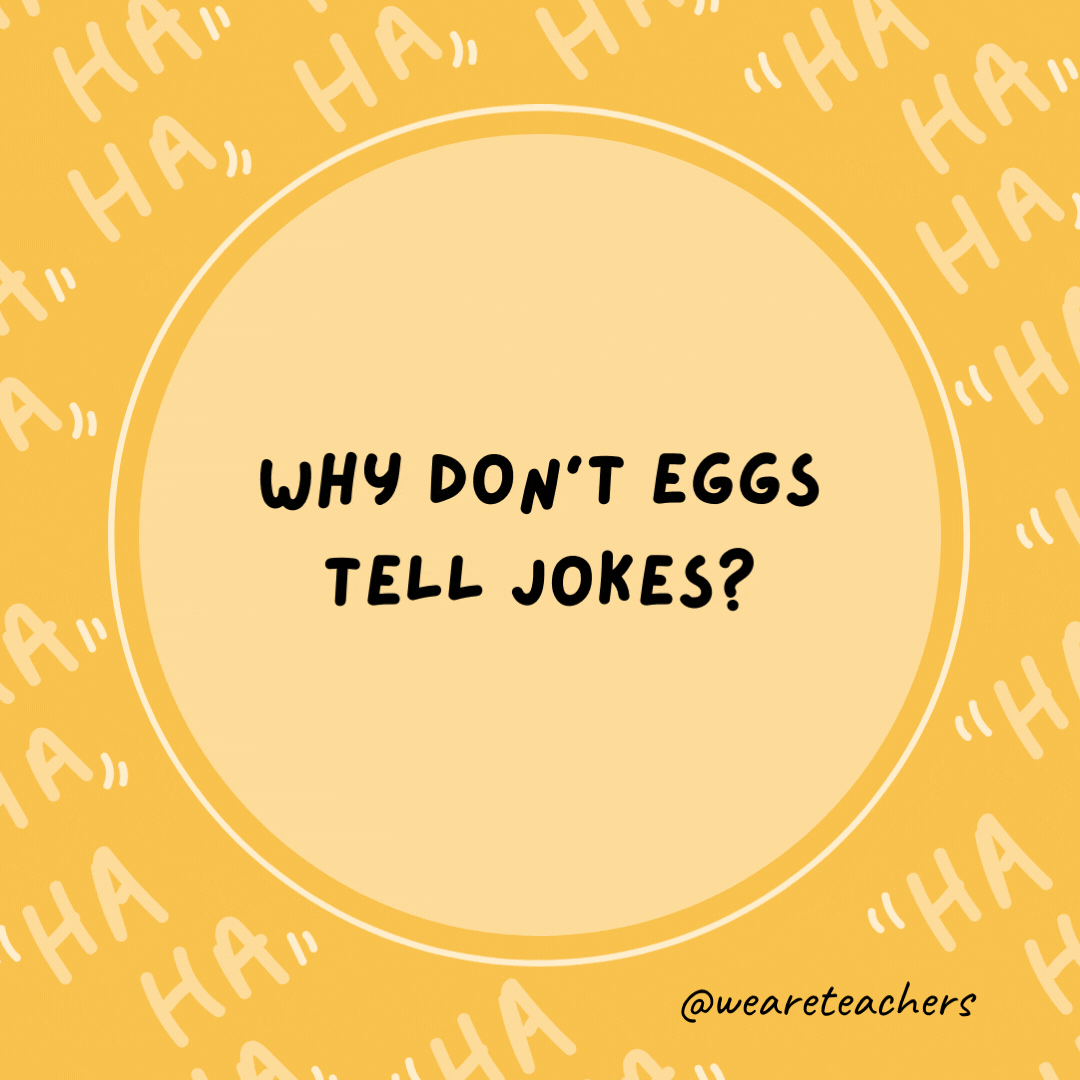 Why don't eggs tell jokes?  They'd crack each other up.