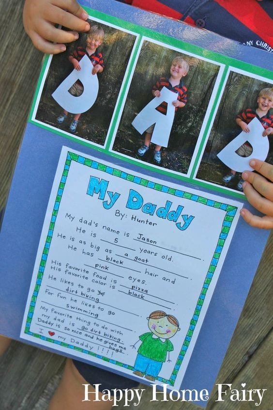 Father's Day crafts for kids can include photo and text like this one that has three photos of a little boy holding the letters Dad across the top and a questionnaire about their daddy on the bottom.