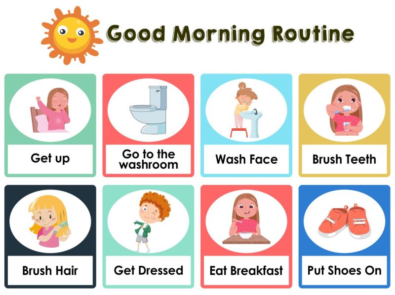 Good Morning Routine with images showing items like make bed, wash face, brush teeth, etc.