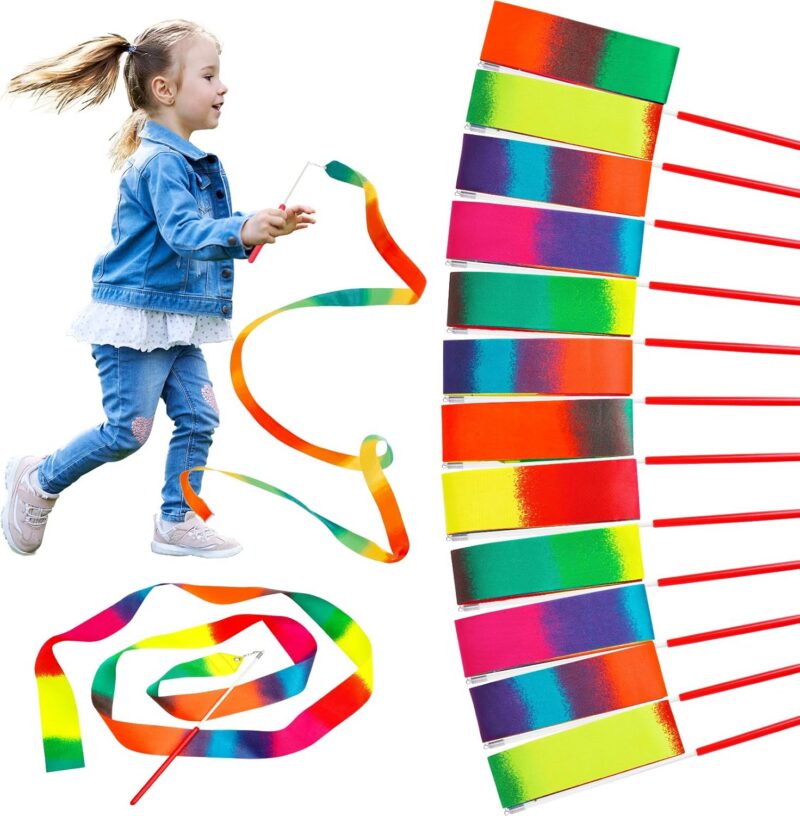 A little girl running with a colorful dance ribbon