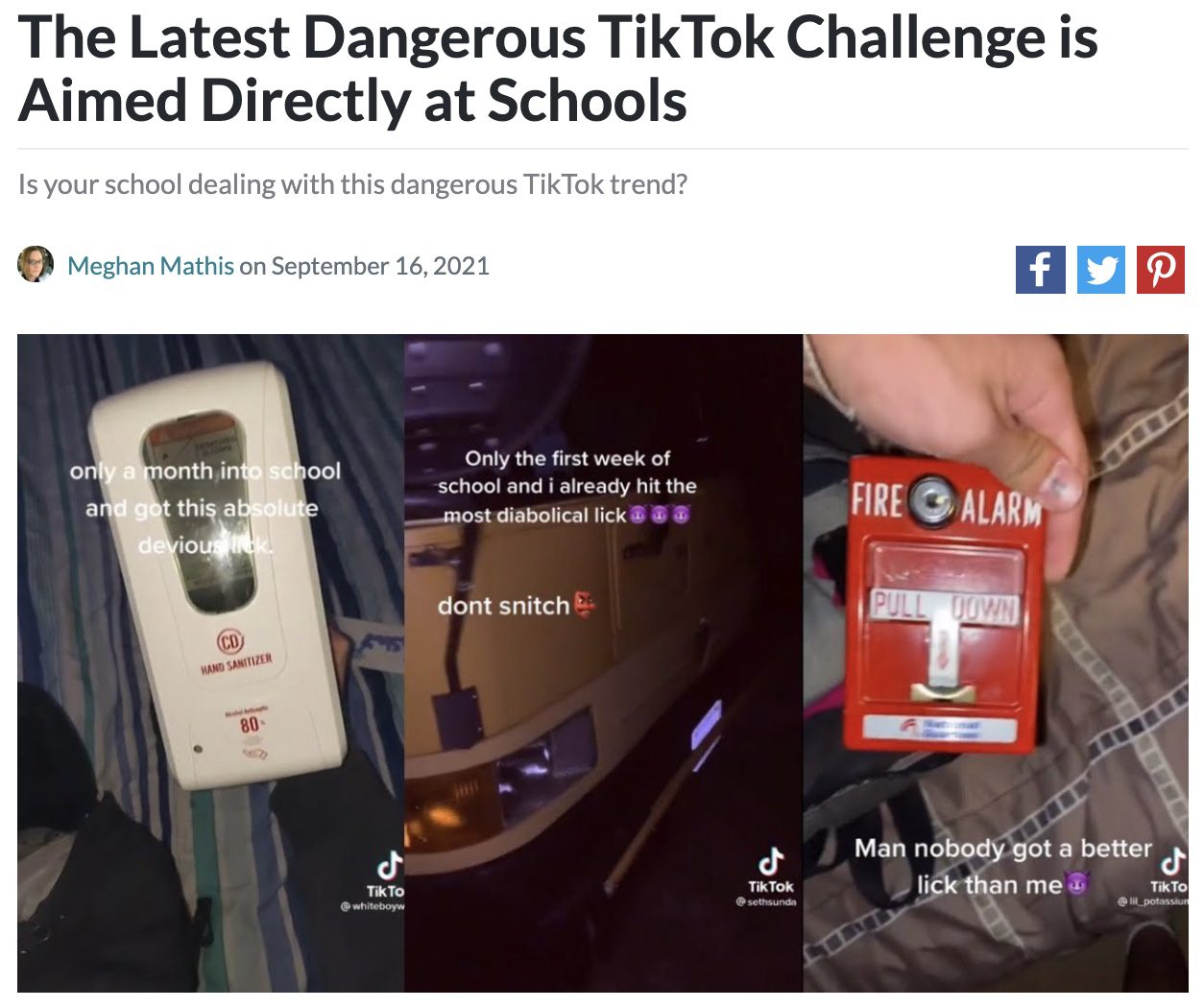 Screencap of an article about a dangerous TikTok trend aimed at school