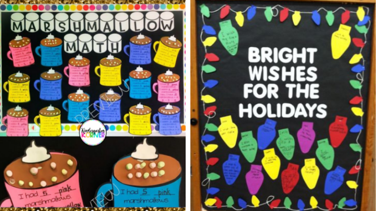 December bulletin board ideas including marshmallow math and bright wishes for the holidays.