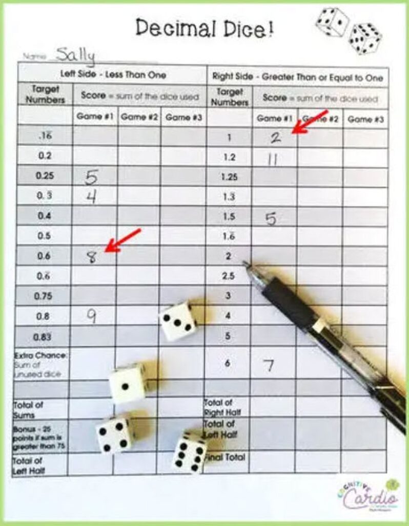 Decimal Dice printable game board with four dice and a pen, used for fourth grade math games