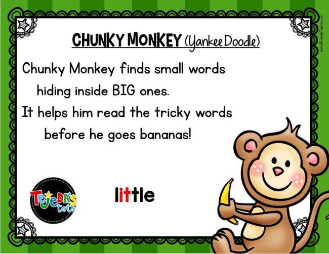 Card reading Chunky Monkey finds small words hiding inside big ones. It helps him read the tricky words before he goes bananas.